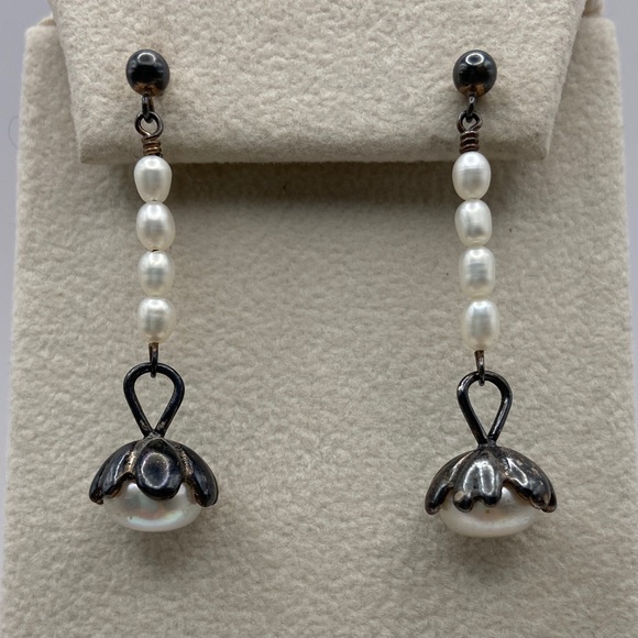 Vintage Sterling Silver 925 White Cultured Pearl Dangle Drop Earrings Pierced